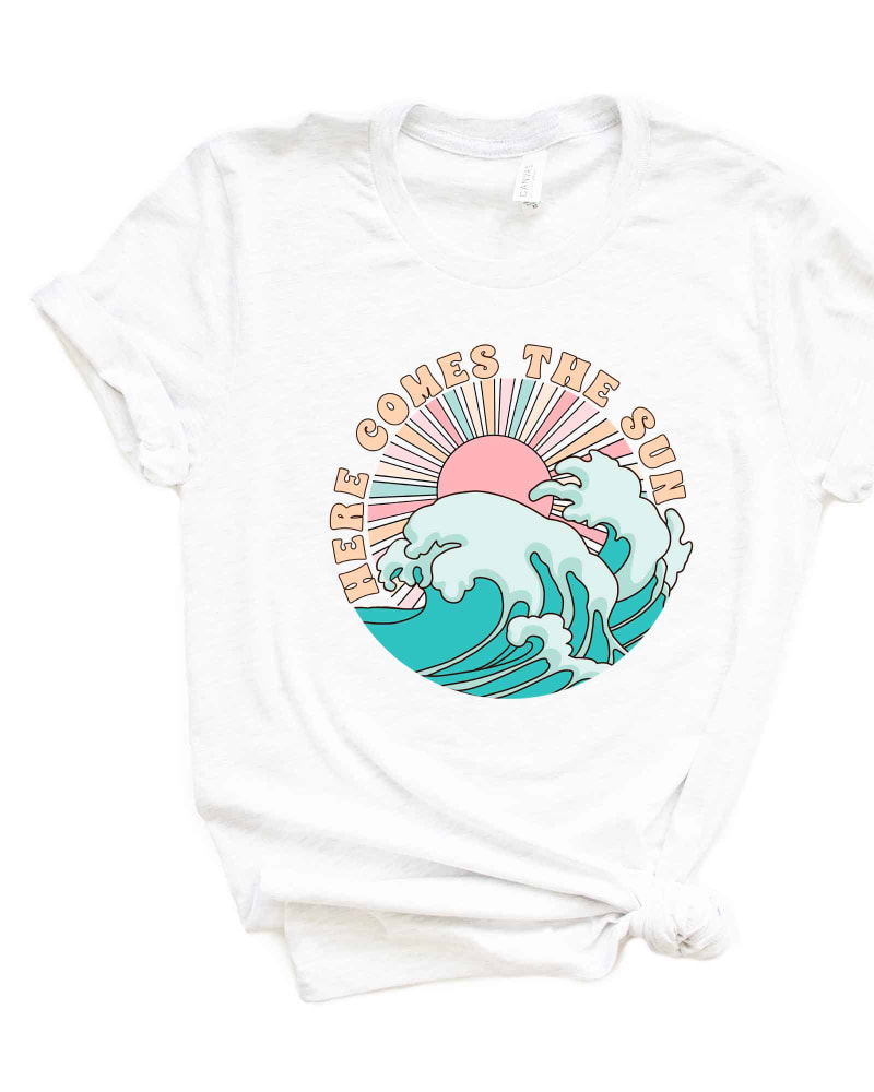Front of a size L Here Comes The Sun Wave Short Sleeve Graphic Tee in White by Simply Sage Market. | dia_product_style_image_id:296465